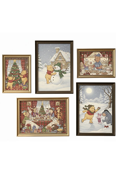 DüşlerÜlkesi 5’li Winnie the Pooh Yılbaşı Tablo Seti – Kış Temalı Nostaljik Çocuk Odası Dekoru