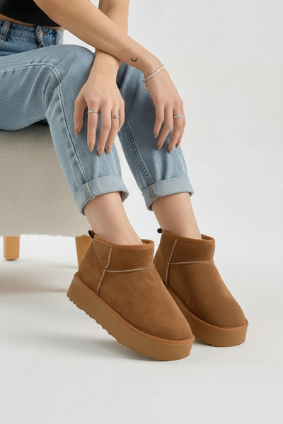 Dier Moda Kadın Taba Mini Süet Içi Kürklü Yüksek Kalın Taban Kışlık Bot