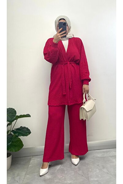 NİSUM MODA Σετ δύο τεμαχίων με υφή Seersucker Ζακέτα και παντελόνι