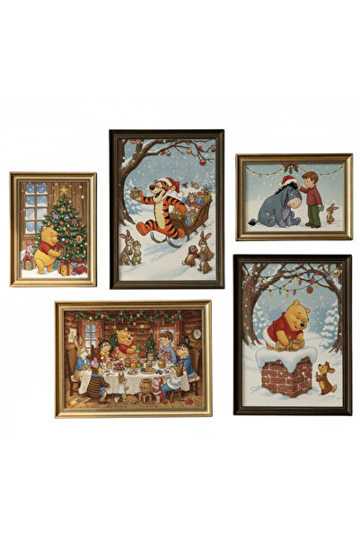 DüşlerÜlkesi 5’li Winnie the Pooh Yılbaşı Tablo Seti – Kış Temalı Nostaljik Ç...