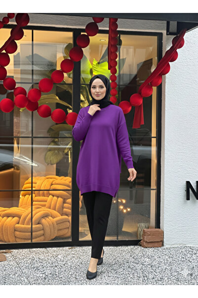 Gioni Koyu Lila Bisiklet Yaka Merserize Salaş Triko Tunik