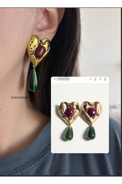 mos&more Marka Küpe, Gold Yeşil Bordo Şık Küpe