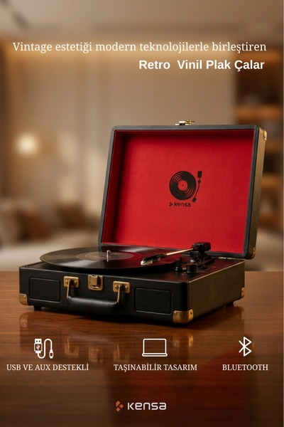 Kensa Bluetooth Retro Pikap – Plak Çalar Taşınabilir Çanta Tasarım, USB & AUX Destekli, 33/45/78 RPM