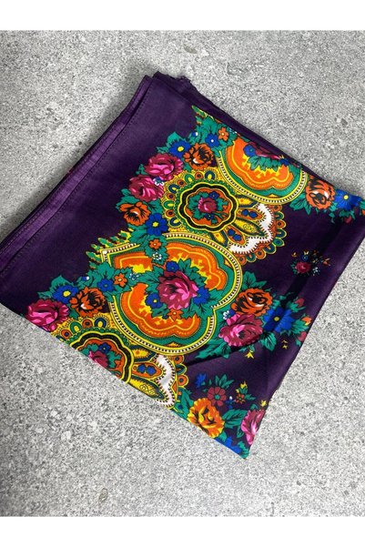 Sobe Hediyelik Mardin Calligraphy Floral Patterned Headscarf on Purple Background 100X100 cm – Dowry and Daily Use