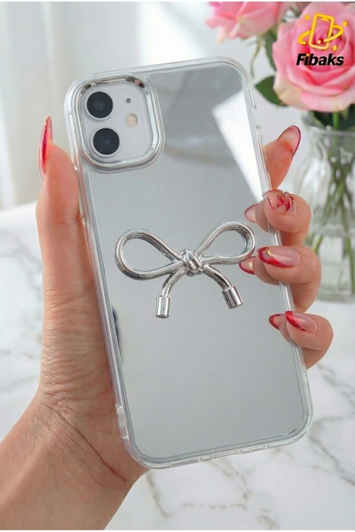 Fibaks iPhone 11 Compatible Case Mirrored Silver 3D Bow Pattern Shock Absorbi...