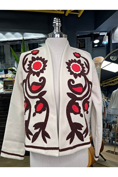 By-esq Women's Embroidery Detailed Floral Patterned Cotton Long Sleeve Cashmere Jacket