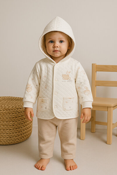 Bibaby Unisex Önden Çıtçıt Kapamalı Yavru Ceylan Baskılı Cepli Pamuklu Kapşonlu Hırka