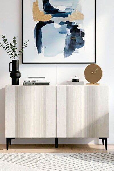 YUMEDİ DESİGN KA1203BT - TARÇIN KONSOL, TV SEHPASI, ÇOK AMAÇLI DOLAP ve KAHVE KÖŞESİ BEYAZ-TRAVERTEN 120cm