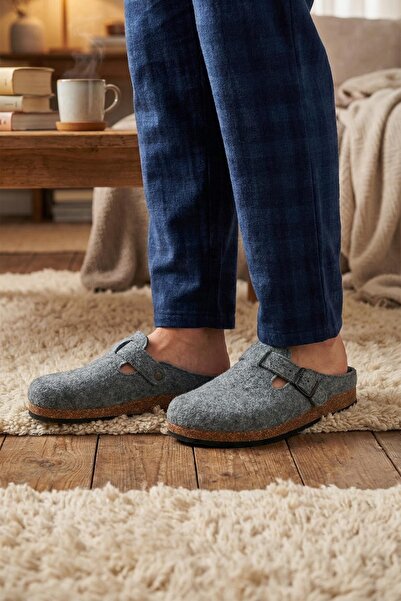 GEZER Talpă de plută din pâslă de iarnă pentru bărbați, cu o singură cataramă, talpă confortabilă reglabilă, papuci de grădină pentru acasă