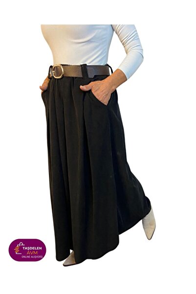 TAŞDELEN AVM Ιταλική πλισέ μακριά βελούδινη φούστα με λεπτομέρεια στη ζώνη, ι...