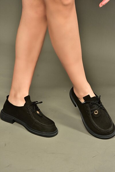 Fox Shoes V944085601 Black Genuine Leather Nubuck Lace-Up Casual Women's Shoes