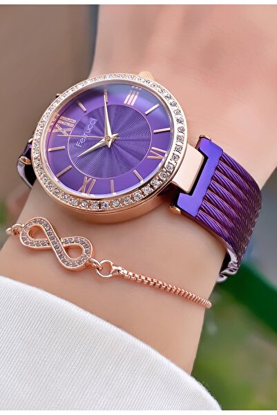 Ferrucci Marka Mor Renk Çelik Kordon 2 Yıl Garantili Orijinal Kadın Kol Saati - Bileklik Hediyeli