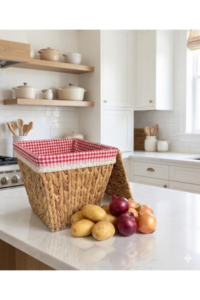 Beyaz Atölyem Kırmızı İç Korumalı Hasır Kapaklı Çok Amaçlı Patates ve Soğan S...