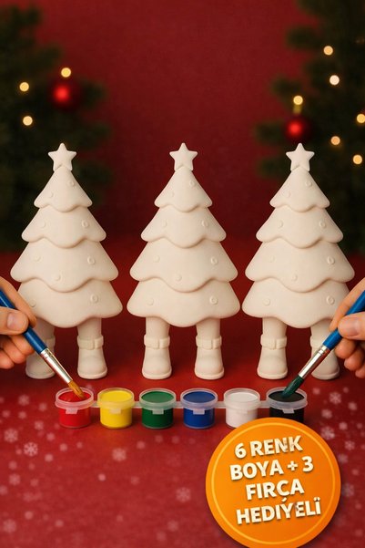 PRİNTELLA 3’lü Yılbaşı Çam Ağacı Boyama Seti – 6 Renk Boya + 3 Fırça Hediyeli