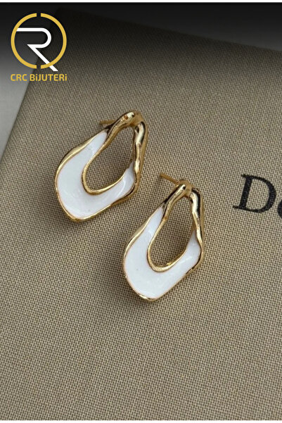 Crc Bijuteri Women's Asymmetrical White Enamel Earrings