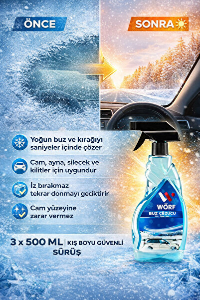 WÖRF Buz Çözücü Sprey 500 ml X 3 Adet Oto Cam Buz Çözücü & Buzlanma Önleyici