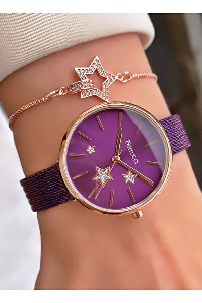 Ferrucci ساعة يد نسائية بسلك فولاذي باللون الأرجواني - سوار