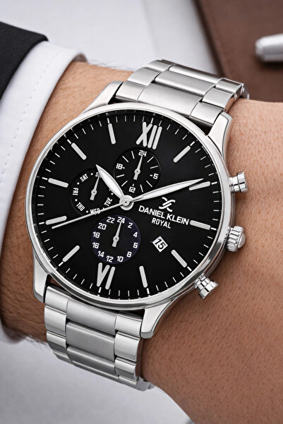 Daniel Klein Erkek Kol Saati Takvimli Çelik Kordon Bileklik Hediyeli Gümüş-Siyah Sddk003