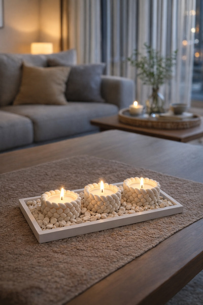 Mios Home Tabaklı 3'lü Örgü Mumluk Seti - Dekoratif Set - Biblo - Modern Deko...