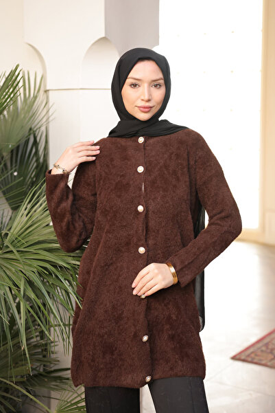 İmajButik Brown Buttoned Angora Soft Knit Cardigan