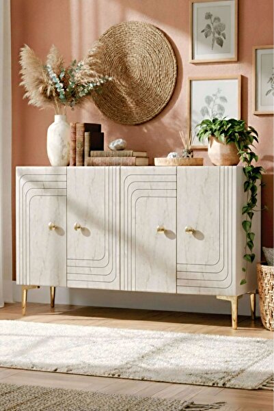 YUMEDİ DESİGN KA1209BT - KANEL KONSOL ,TV SEHPASI , ÇOK AMAÇLI DOLAP, KAHVE KÖŞESİ 120CM BEYAZ-TRAVERTEN