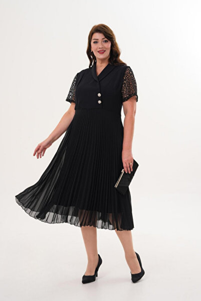SHOPPEBUTİK Kolları Dantel Detaylı Pliseli Siyah Elbise Zarif ve Şık Midi Abiye