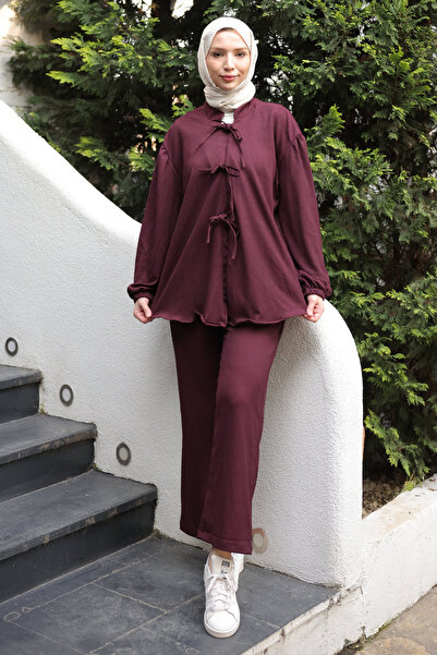 İmajButik طقم بنطلون كيمونو ملفوف برباط أمامي من البرقوق