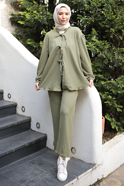 İmajButik Haki Ön Bağlamalı Bürümcük Kimono Pantolonlu Takım