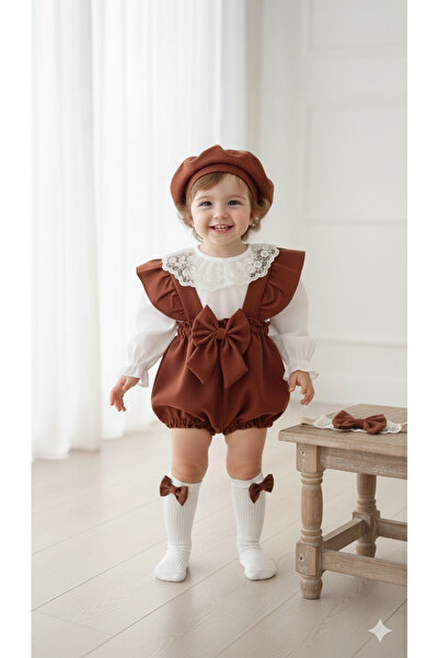 BİYA BABY Kız Çocuk Bebek Askılı Kahve Şort Gömlek Şapka Bandana Çorap Takım