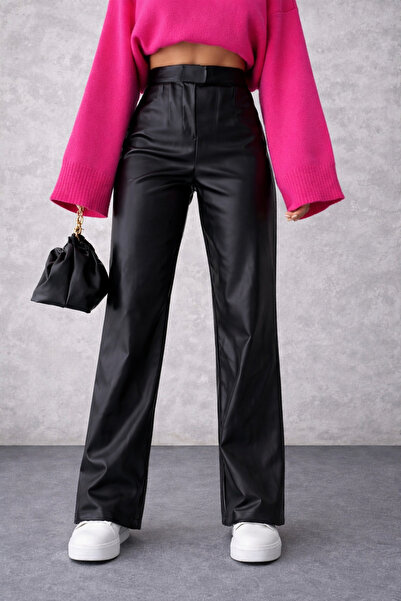 M&N Kadın Deri Cırtlı Palazzo Yüksek Bel Ayarlanabilir Bel Bol Paça