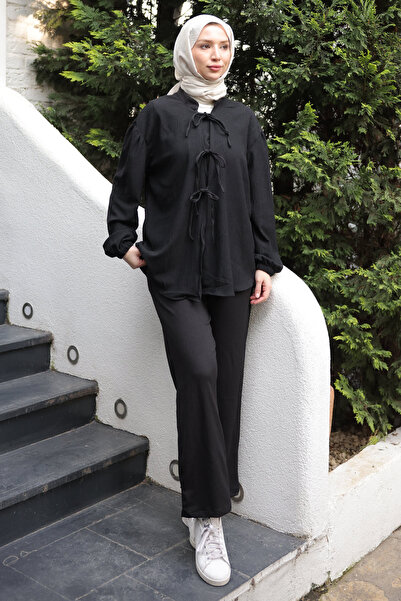 İmajButik Μαύρο μπροστινό δεμένο παντελόνι κιμονό