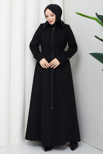 Günay Karaca Büyük Beden Kışlık Kaşe Kadın Pardesü Siyah 2606