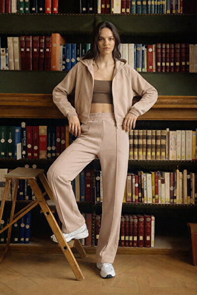 Wear Three Points Lubna Pantolon - Nervür Dikiş Detaylı Üç Iplik Pamuklu Kumaş Wide Leg Taş Rengi Pantolon