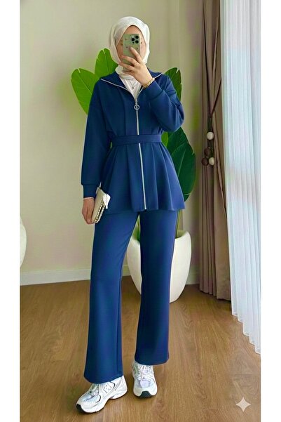 AKIZER طقم حجاب نسائي من قماش السكوبا مكون من قطعتين باللون الأزرق الداكن