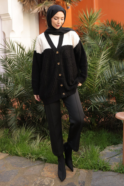 İmajButik Black V-Neck Buttoned Knitwear Cardigan