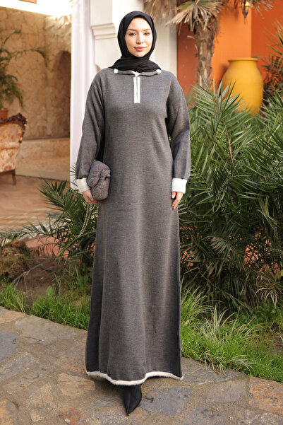 İmajButik Φόρεμα πλεκτό με φερμουάρ στο γιακά και καπνιστό χρώμα