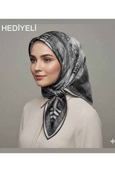 Levidor 90x90 İpek Görünümlü Siyah - Gri Kristal Eşarp – Kaymayan Twill Şık T...