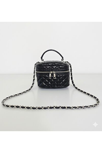 Genel Markalar Rofo Butik Parlak Mini Kutu Zincir Askılı Fermuar Kapamalı Kadın El Ve Omuz Çanta Luna Siyah