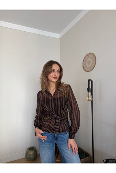 GKBUTİK Yandan Bağlamalı Çizgili Transparan Gömlek