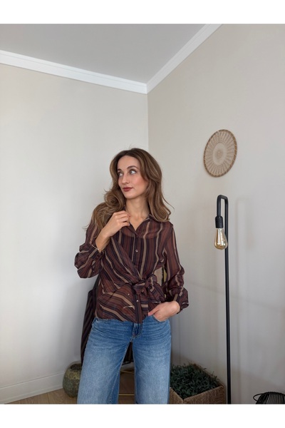 GKBUTİK Yandan Bağlamalı Çizgili Transparan Gömlek