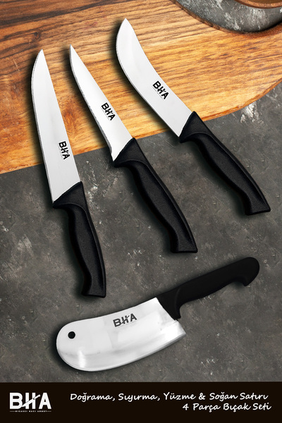B-H-A BIÇAKÇI HACI AHMET Sürmene Siyah Dört Parça Bıçak Seti ve Satır | Kurba...