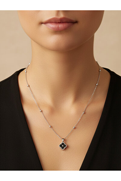 Artepieza co. Gümüş Renk Van Cleef Yonca Siyah Taşlı Model Top Zincir Çelik Kolye