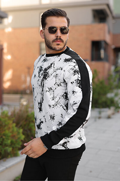 Berka Ανδρικό φούτερ με ρίγες με λαιμόκοψη - Μαύρο Λευκό με τύπωμα χαλαρή εφα...