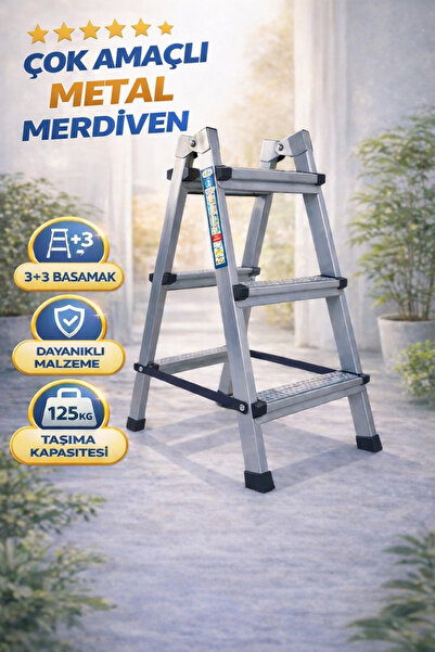 Trendmiz Çok Amaçlı metal 3+3 Basamaklı Katlanabilir Merdiven | Kaymaz Basama...