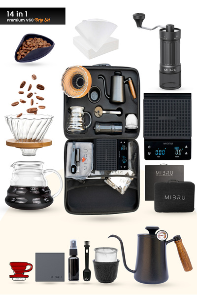 MIBRU مجموعة قهوة V60 مكونة من 12 قطعة ماكينة تحضير قهوة كاملة بالتنقيط مع حقيبة أدوات