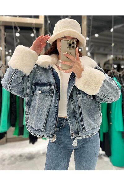 missswans Palton scurt din denim căptușit cu blană