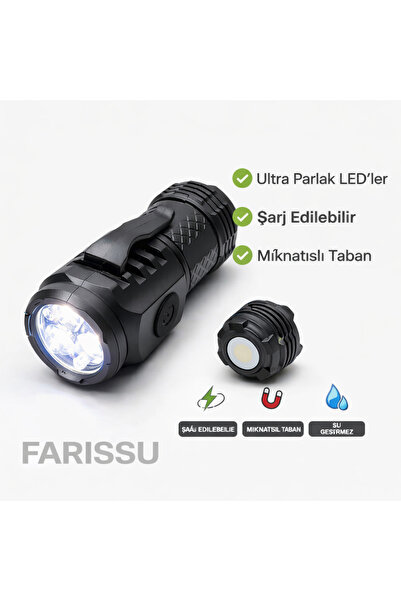 farissu 3 LED'li Güçlü Mini El Feneri Şarj Edilebilir Type-C