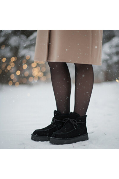 stato Kadın Siyah Süet Yumuşak Deri Kışlık Bağcıklı Bot