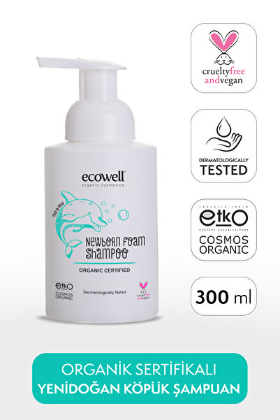 Ecowell Organik Yenidoğan Bebek Saç Ve Vücut Köpük Şampuanı Vegan Sertifikalı Konak Önleyici Kokusuz 300 ml
