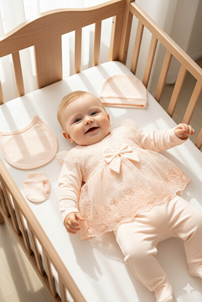 Miniday Baby Baby Girl Mevlütlük Lace Hospital Release Dress with Bow Detail